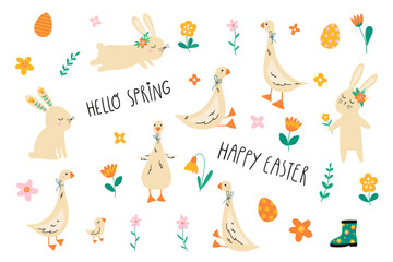 Set of easter elements. Cute Easter set. Spring collection of rabbits, geese, flowers, eggs and lettering. Spring illustration in hand drawn style.  Isolated on white background. 