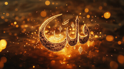 Golden Arabic Calligraphy Design Elegant Sparkling Festive Background Luxury Ornate Islamic Art Particle Effect Glowing Bright Shimmering  Intricate Detailed Pattern  Warm Hues  Celebration Design Eid