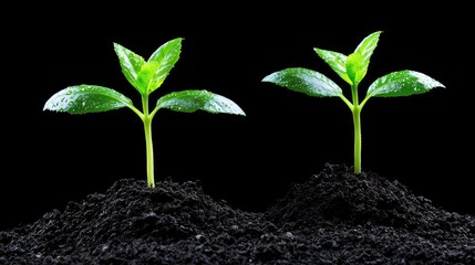 Naklejka premium Two young plants sprouting from soil against black background. Possible use Nature education, gardening, ecology