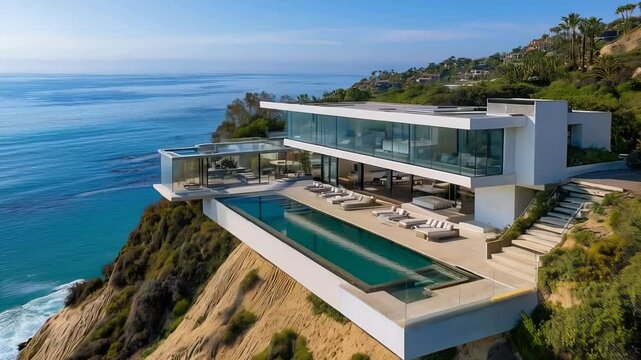 Modern architectural marvel, a luxurious villa perched on a cliff, boasts an infinity pool extending towards the vast ocean, offering breathtaking panoramic views of the california coastline