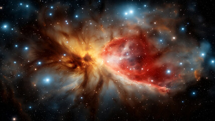 Obraz premium vibrant red nebula drifts through vast expanse of space, surrounded by twinkling stars and cosmic clouds, creating mesmerizing celestial scene