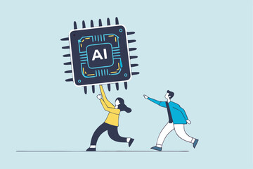 Embrace AI, Artificial Intelligence adoption, user or people who use AI to help and support work success, innovation or revolution to change business concept, business people carry AI processing chip.