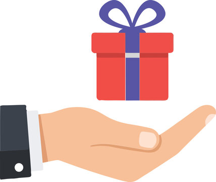 Hand presenting a red gift box with a blue ribbon in a minimal flat design vector illustration