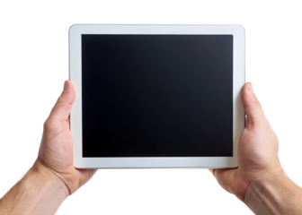 hand on a white background holding ipad with black screen