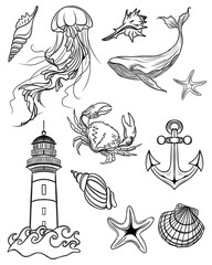 Large set of beautiful marine stickers - detailed Line Art design. templates for printing stickers and textiles