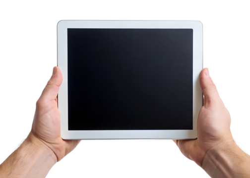 hand on a white background holding ipad with black screen - Powered by Adobe