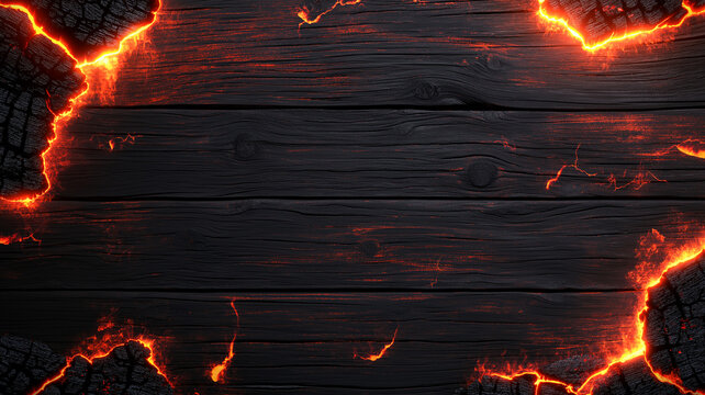 Black charred wood background with glowing orange lava like edges creates dramatic and intense atmosphere. Perfect for designs needing bold, fiery touch