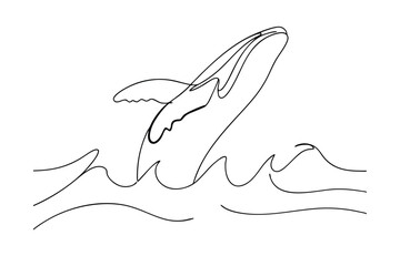 SingleLine Humpback Whale Breaching Ocean Waves Drawing Art
