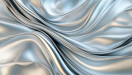 Smooth silver fabric with flowing waves and soft gradients creates elegant and luxurious appearance. texture and sheen evoke sense of sophistication and