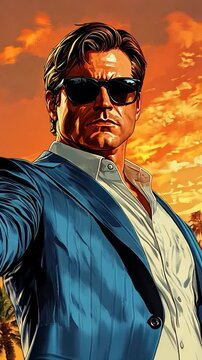 Stylish man in a blue suit, sunset background, confident pose.  Possible use  Stock photo for fashion, lifestyle, or action-oriented advertisement