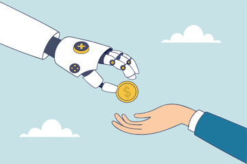 Artificial intelligence AI make money, data licensing resource for AI training payment, automation investment, robot trading or banking concept, AI robot hand giving dollar money to businessman.