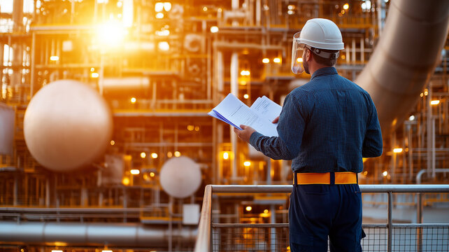 worker in hard hat reviews documents on balcony in industrial setting, surrounded by machinery and glowing lights, showcasing focus on safety and engineering