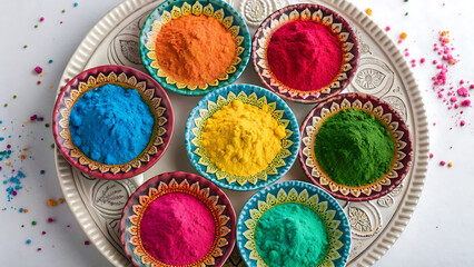 Bright colorful holi powder in decorative bowls on white plate festival celebration