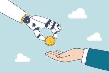 Artificial intelligence AI make money, data licensing resource for AI training payment, automation investment, robot trading or banking concept, AI robot hand giving dollar money to businessman.