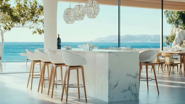 Sunlight illuminates modern minimalist white and marble kitchen island with bar stools dining area, and windows showcasing breathtaking ocean view in luxury beachfront villa Concept of real estate