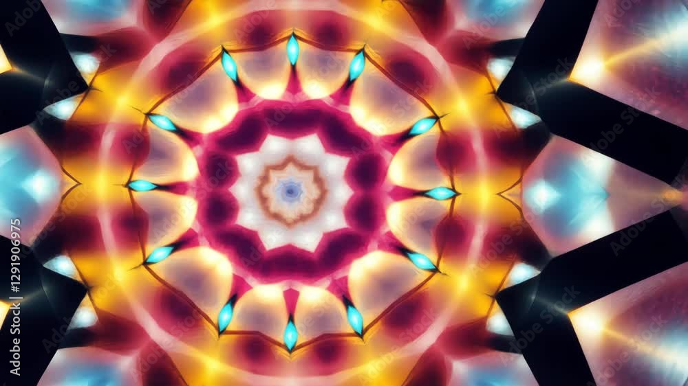 Poster a colorful design with a red center and blue and orange surrounding it. the design is made up of man
