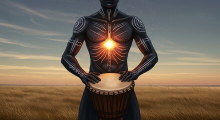 Man Body Painted Playing Djembe Drum in Field at Sunset