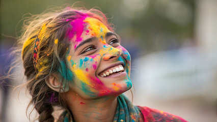 Smiling woman with colorful holi powder on face during outdoor festival