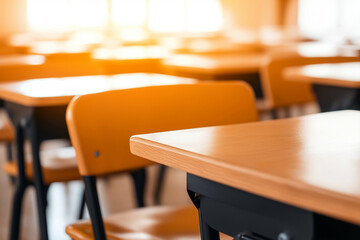 bright and inviting classroom with orange chairs and wooden desks, creating warm atmosphere for learning. empty space suggests peaceful environment for students
