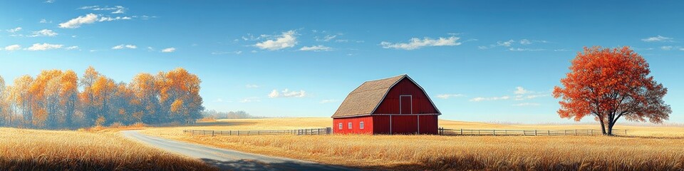 Cows graze peacefully in a green pasture surrounded by trees, Red barn sits on rolling hills in a peaceful countryside, with cows grazing nearby. blue sky surrounded by lush green fields.