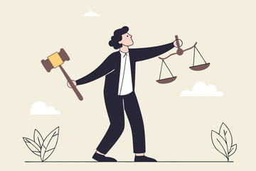 Legal verdict, judgement or law and justice, lawyer, attorney or ethics, lawsuit and jury concept, businessman attorney or lawyer holding gavel and equality scale on other hand.
