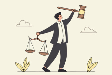 Obraz premium Legal verdict, judgement or law and justice, lawyer, attorney or ethics, lawsuit and jury concept, businessman attorney or lawyer holding gavel and equality scale on other hand.