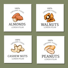 Nuts logo set templates. Almonds, Walnuts,  Cashew, peanuts isolated on white background. Nuts Cartoon Style. Organic food concept.