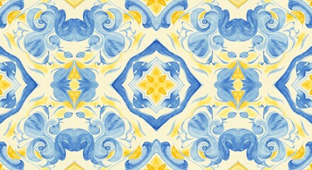 Portuguese Tile Design Blue Yellow Seamless Pattern Decorative Wallpaper Ultra HD