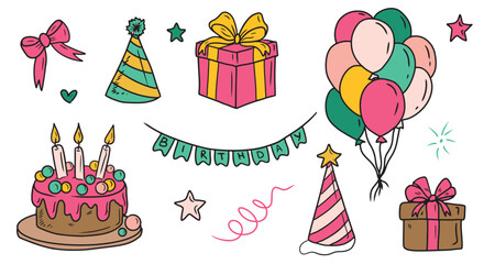 Vector set of happy birthday equipment in green, orange, pink, yellow color. Flying balloons, cake with cream and burning candles, string with triangular flags. Hand drawn sketch illustration.