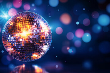 Colorful disco ball reflecting light effects with vibrant bokeh background creates lively atmosphere perfect for parties and celebrations