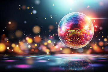 Colorful disco ball reflecting light effects on dark background, creating vibrant atmosphere with bokeh lights. Perfect for party themes and celebrations