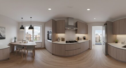Modern Apartment Kitchen 360 View: Stylish Minimalist Design with City Views