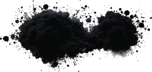 Dynamic Black Smoke Cloud Erupting into the Air with Fine Dust Particles Dispersing in an 
Artistic and High-Definition Abstract Composition on White
