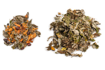 Dry tea leaves and dry fruit isolated on white background.