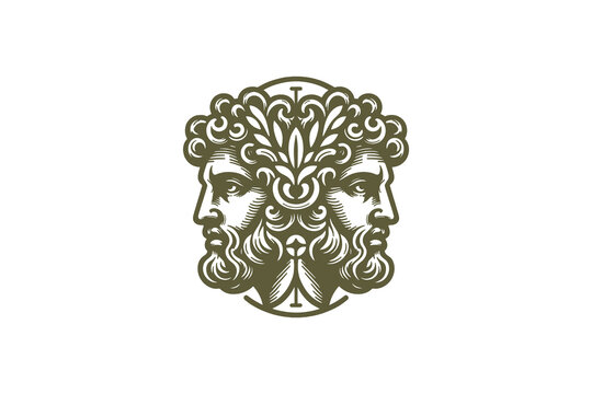 Janus god engraving, two faces, laurel wreath, vintage icon