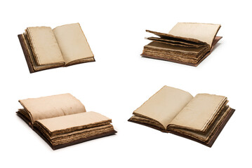 An open empty old notebook isolated on a white background.