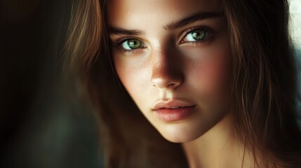 Fototapeta premium A young woman with captivating green eyes gazes thoughtfully into the distance, illuminated by the gentle embrace of soft natural light