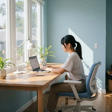 Young Asian Girl Working From Home on Laptop in her Apartment Living Room Cozy Living, Plants, Young Asian Woman, Asian Professional, WFH, Working Remote, Cozy Apartment, Freelancer, 