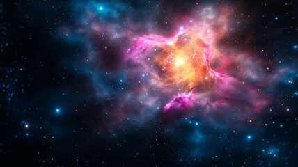 vibrant nebula with swirling colors of pink, orange, and blue, surrounded by countless stars in deep space, creating mesmerizing cosmic scene