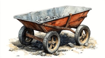 Rusty wheelbarrow, rocks, outdoor, weathered, illustration, construction, site, work,  vintage, transport