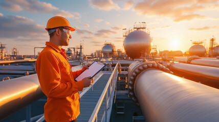 worker in orange safety suit and helmet stands on platform, inspecting pipelines at gas facility during sunset. scene conveys sense of diligence and safety in industrial environment