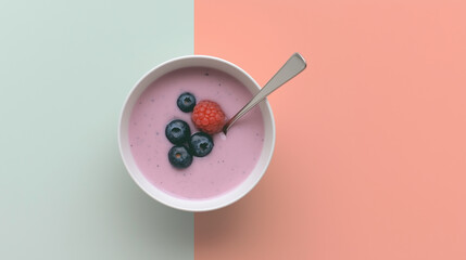 Delicious berry yogurt bowl with fresh raspberries and blueberries on pastel colored background. Generative AI
