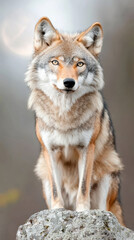 Fototapeta premium majestic wolf standing on rock, showcasing its wild beauty and strength
