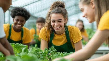 diverse group of students engaged in gardening activities, smiling and working together in greenhouse. They are cultivating plants, showcasing teamwork and enthusiasm for nature