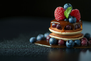 View of pancakes in stack with blueberries, raspberries and caramel syrup, National Pancake Day