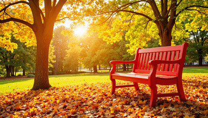 Autumn sunlight illuminating red bench in vibrant park, seasonal beauty