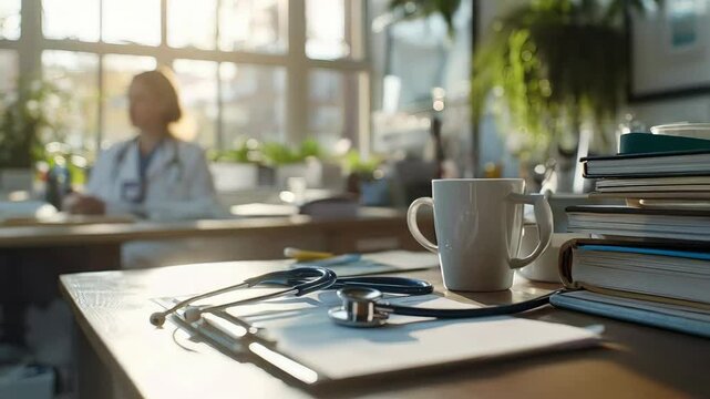Sunlight streams through a window in a medical office, illuminating a steaming mug of coffee, a stethoscope, and a clipboard on a desk while a doctor works in the background