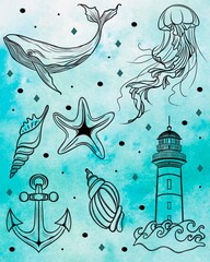 Large set of beautiful marine stickers - Line Art design on a turquoise watercolor background. templates for printing stickers and textiles