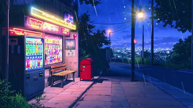 Rainy night street scene, vending machines, city view. Seamless looping time lapse animation video background, lo-fi art