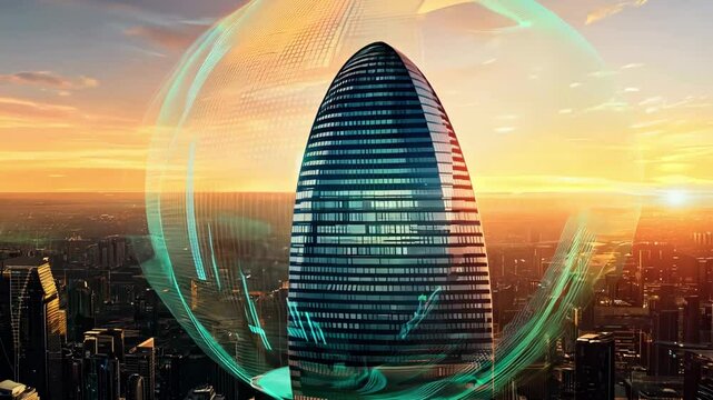 A high-tech futuristic skyscraper with digital overlays and data visualizations, set against a vibrant sunset cityscape.
